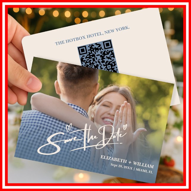 Dusty Blue Wedding Photo QR Code Elegant Save The Date (Creator Uploaded)