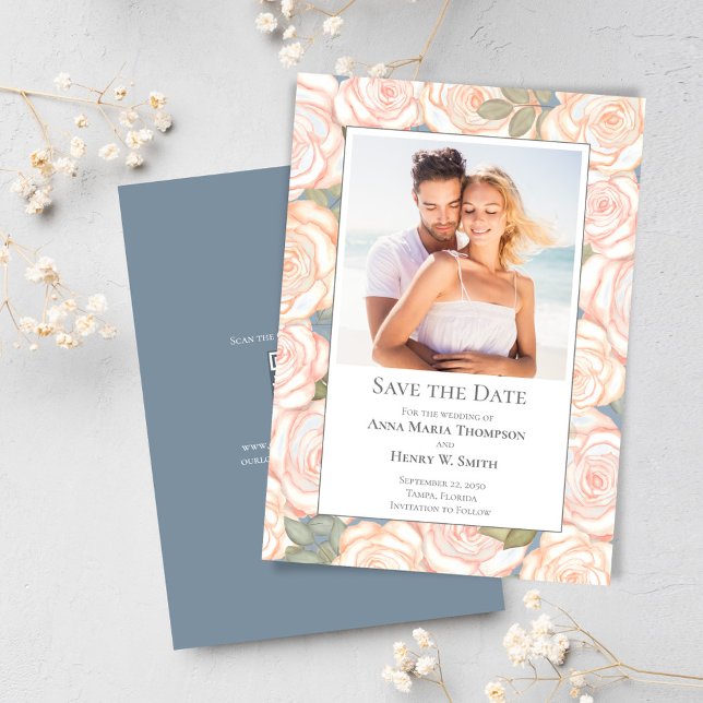 Dusty Blue Wedding Save the Date Floral Photo (Elegant blush pink floral design save the date photo card)