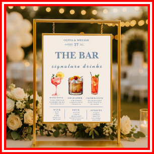 Dusty Blue Wedding Signature Drinks Bar Menu Poster