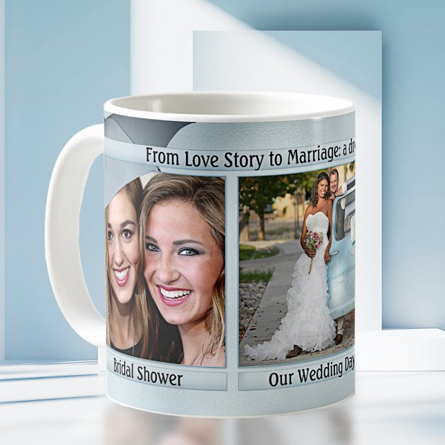 Dusty Blue Wedding Story Board Photo Coffee Mug (Storyboard timeline modern personalized wedding photo mug in dusty blue - wedding gift)
