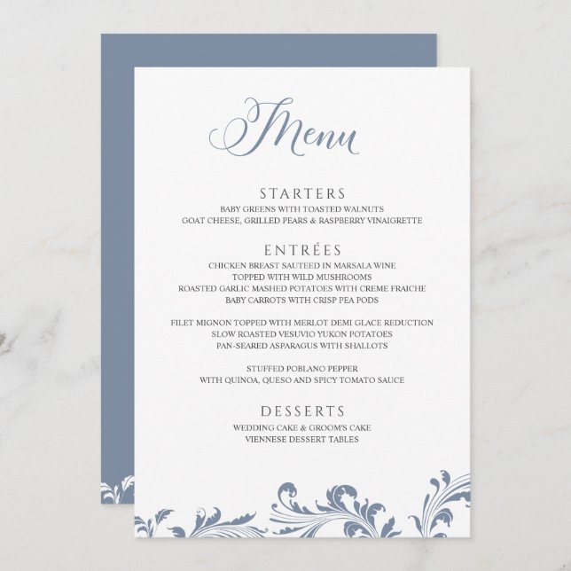 Dusty Blue Wedding Vintage Elegant Classic Menu (Front/Back)
