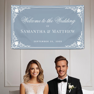 Dusty Blue Wedding Vintage Elegant White Script  Banner