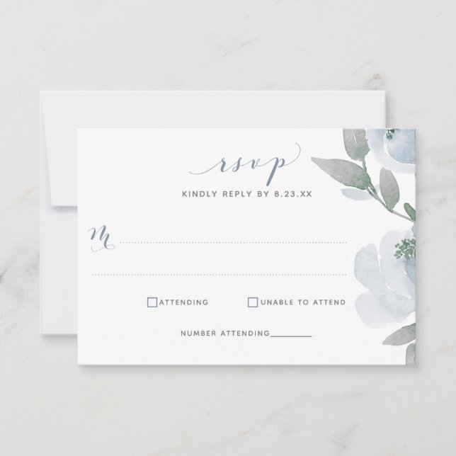 Dusty Blue Wedding Watercolor Soft Floral RSVP Card (Front)