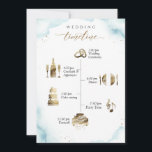 Dusty Blue Wedding Welcome and Timeline Card<br><div class="desc">Welcome your guests with this gorgeous card with elegant timeline on the front and welcoming message on the back. Timeline with watercolor icons in beautiful golden hues. Both front and back with delicate dusty blue watercolor stains with dainty gold speckles. Modern hand written calligraphy details in gold. Ability to "grab...</div>