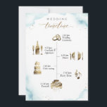 Dusty Blue Wedding Welcome and Timeline Card<br><div class="desc">Welcome your guests with this gorgeous card with elegant timeline on the front and welcoming message on the back. Timeline with watercolor icons in beautiful golden hues. Both front and back with delicate dusty blue watercolor stains with dainty gold speckles. Modern hand written calligraphy details in gold. Ability to "grab...</div>