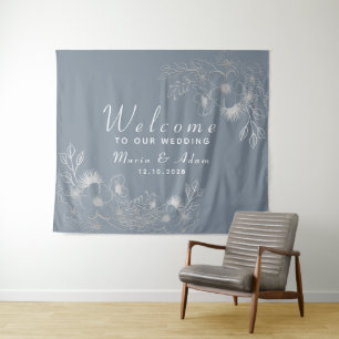 Dusty Blue Welcome Wedding Backdrop Tapestry