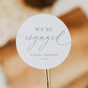 Dusty Blue We're Engaged Engagement Party Favours Classic Round Sticker