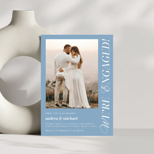 Dusty Blue We're Engaged Modern Engagement Photo Invitation