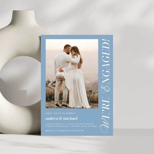 Dusty Blue We're Engaged Modern Engagement Photo Invitation (Creator Uploaded)