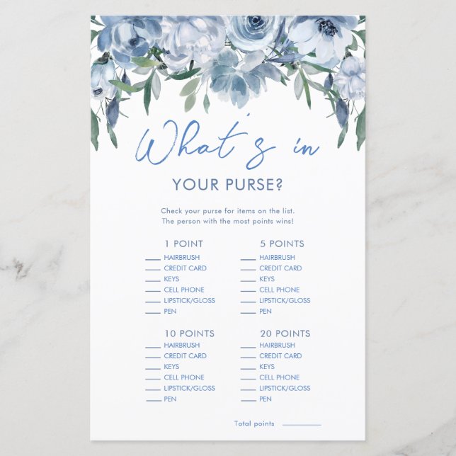 Dusty Blue What's In Your Purse Bridal Shower Game (Front)