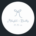 Dusty Blue Whimsical Bow Personalized Wedding  Classic Round Sticker<br><div class="desc">Dusty Blue Whimsical Hand Drawn Bow Wedding Stickers. Personalize with your names and wedding date in blue handwritten style font.</div>