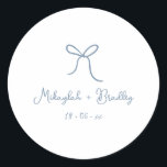 Dusty Blue Whimsical Bow Personalized Wedding  Classic Round Sticker<br><div class="desc">Dusty Blue Whimsical Hand Drawn Bow Wedding Stickers. Personalize with your names and wedding date in blue handwritten style font.</div>