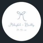 Dusty Blue Whimsical Bow Personalized Wedding  Classic Round Sticker<br><div class="desc">Dusty Blue Whimsical Hand Drawn Bow Wedding Stickers. Personalize with your names and wedding date in blue handwritten style font.</div>