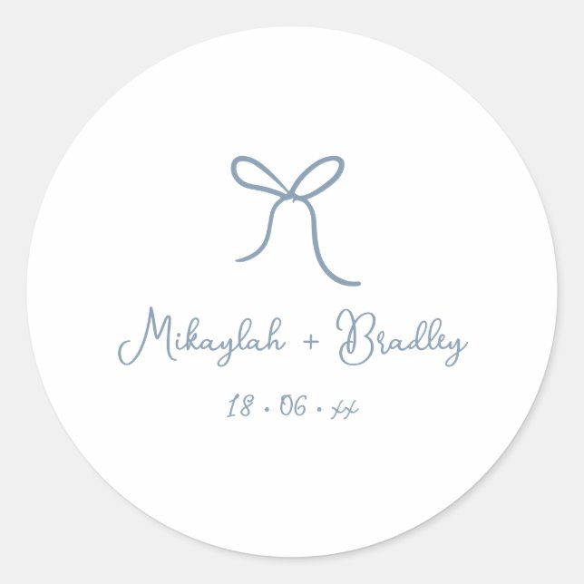 Dusty Blue Whimsical Bow Personalized Wedding  Classic Round Sticker (Front)