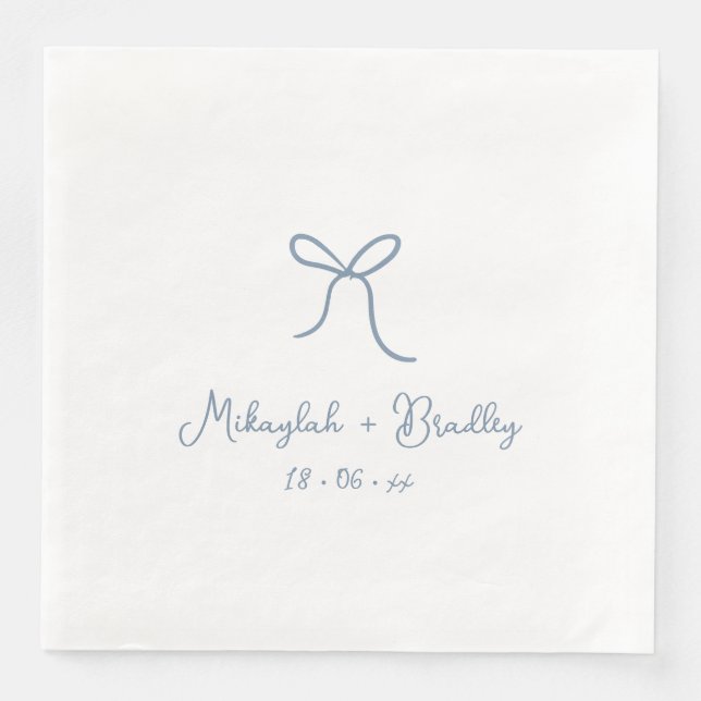 Dusty Blue Whimsical Bow Personalized Wedding  Napkin (Front)