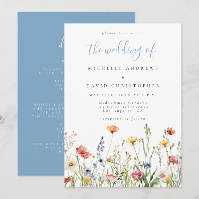 Dusty Blue Whimsical Floral All in One Wedding Invitation (Front/Back)