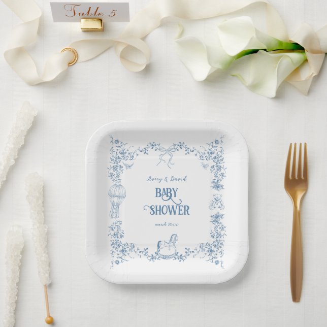 Dusty Blue Whimsical Floral Baby Shower Paper Plate (Wedding)