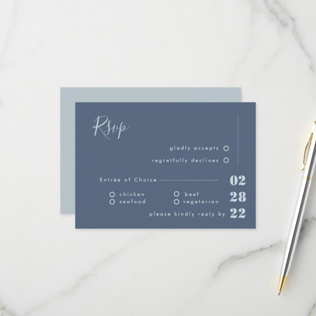 Dusty Blue White and Grey Calligraphy RSVP Wedding (Front/Back In Situ)