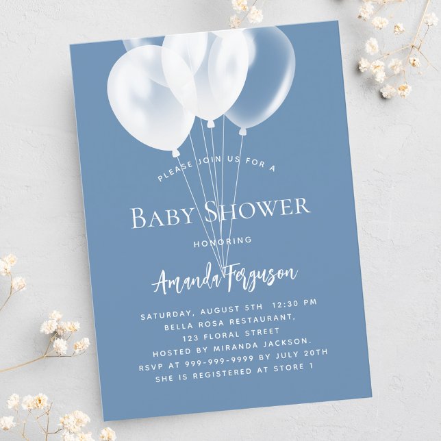 Dusty blue white balloons boy baby shower invitation postcard (Creator Uploaded)