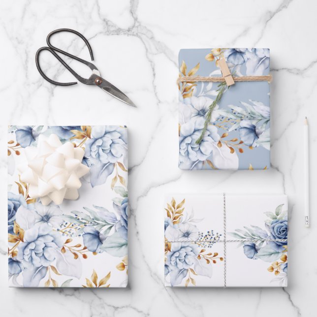 Dusty Blue White Blue Gold Floral Wedding Wrapping Paper Sheet (Front)