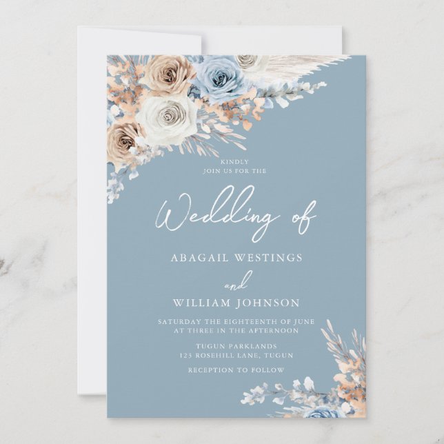 Dusty Blue White Bohemian Watercolor Wedding Invitation (Front)
