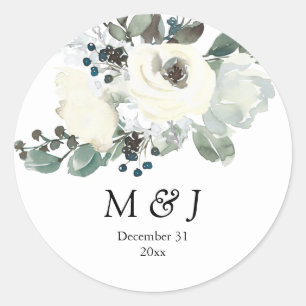 Dusty Blue & White Botanical Monogram Classic Round Sticker
