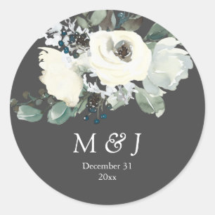 Dusty Blue & White Botanical Monogram- Grey Classic Round Sticker