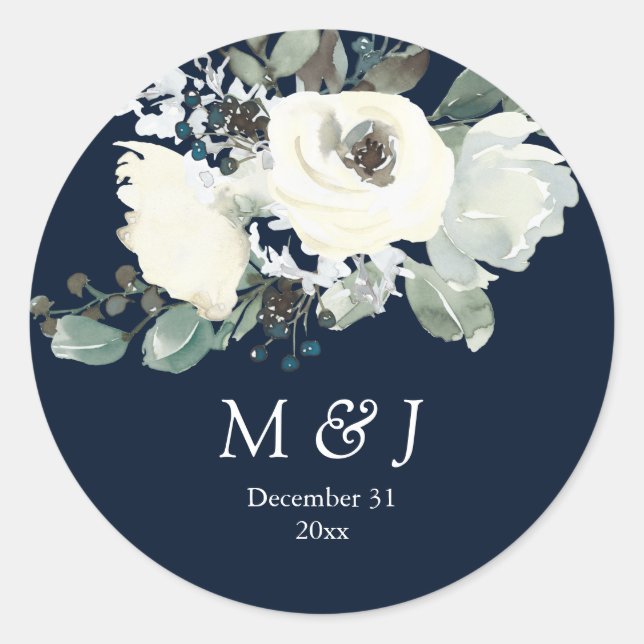 Dusty Blue & White Botanical Monogram- Navy Classic Round Sticker (Front)