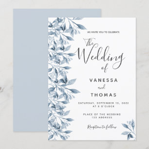 Dusty blue white botanical script wedding invitation