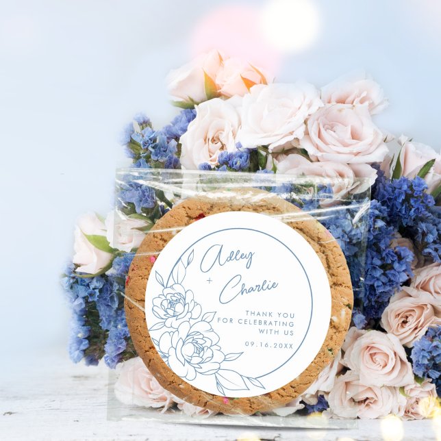 Dusty Blue White Botanical Wedding Favour Thank Yo Classic Round Sticker (Creator Uploaded)
