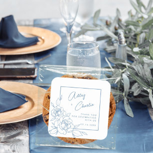 Dusty Blue White Botanical Wedding Favour Thank Yo Square Sticker