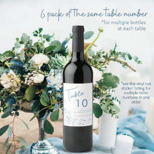 Dusty Blue & White Botanical Wedding Table Number Wine Label