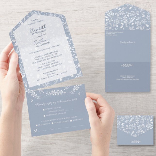 Dusty Blue White Botanicals No Envelopes Wedding All In One Invitation (Creator Uploaded)