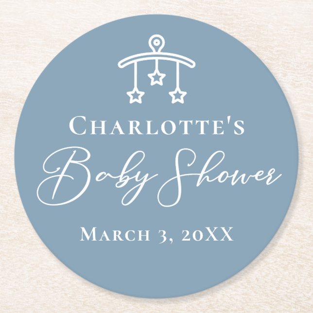Dusty Blue White Chic Minimalist Baby Shower Round Paper Coaster