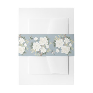 Dusty Blue White Chinoiserie Floral Wedding Invitation Belly Band