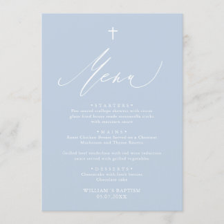 Dusty Blue White Cross Boy Baptism Menu Card