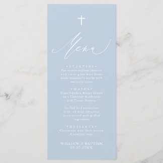Dusty Blue White Cross Boy Baptism Menu Card