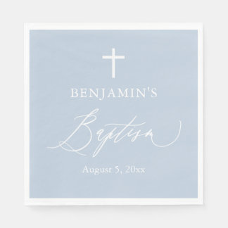 Dusty Blue White Cross Boy Baptism Paper Napkins
