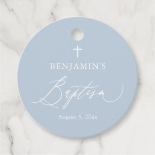 Dusty Blue White Cross Boy Baptism Round Favour Ta Tags