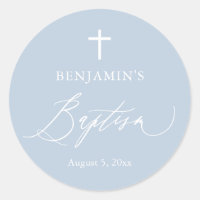 Dusty Blue White Cross Boy Baptism Round Sticker