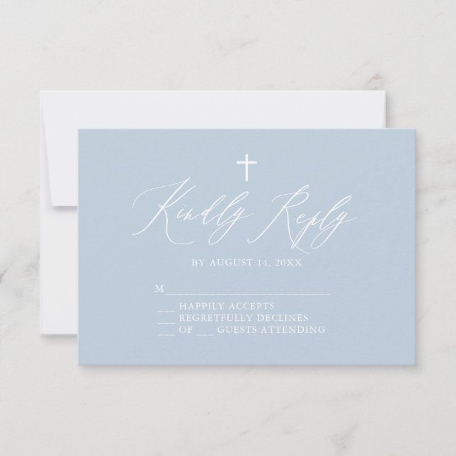 Dusty Blue White Cross Boy Baptism RSVP Card (Front)