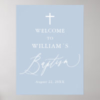 Dusty Blue White Cross Boy Baptism Welcome Sign