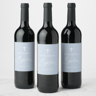 Dusty Blue White Cross Boy Baptism Wine Label