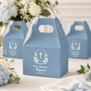 Dusty Blue White Cross Floral Crest Baptism Favor Box