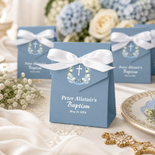 Dusty Blue White Cross Floral Crest Baptism Favor Box