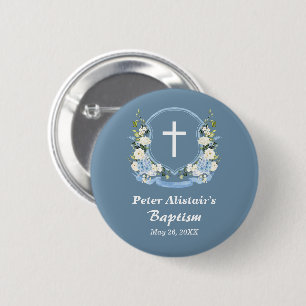 Dusty Blue White Cross Floral Crest Baptism Favour 2 Inch Round Button