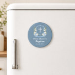 Dusty Blue White Cross Floral Crest Baptism Favour Magnet<br><div class="desc">An elegant design with a white Cross,  a floral blue crest with white flowers and elegant calligraphy.</div>