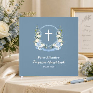 Dusty Blue White Cross Floral Crest Baptism  Guest Book