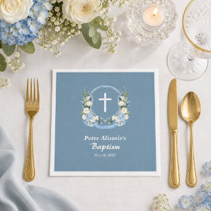 Dusty Blue White Cross Floral Crest Baptism  Napkin