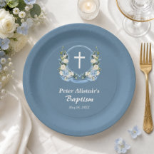 Dusty Blue White Cross Floral Crest Baptism 